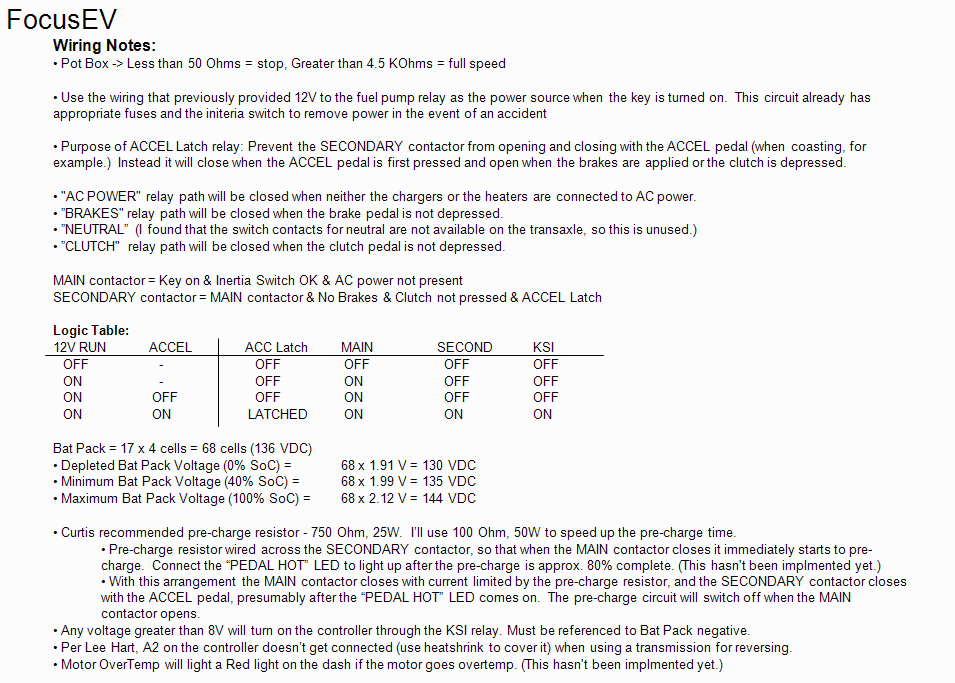 FocusEV wiring notes